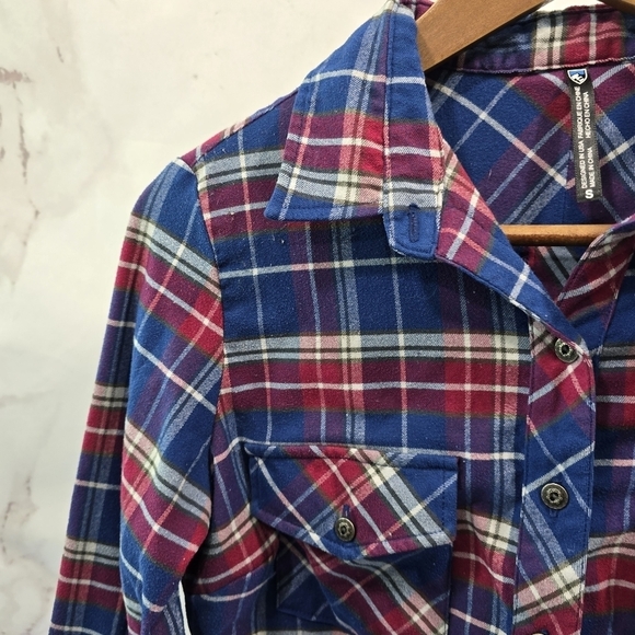 Kuhl Shirt Women Small Red Blue Button Up Plaid Long Sleeve Alina Flannel Collar - Picture 2 of 14